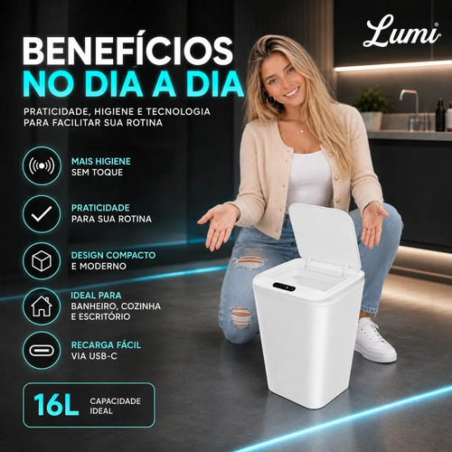Lixeira Smart Inteligente 16 Litros Quadrada Sensor De Movimento Automático No Touch Branca