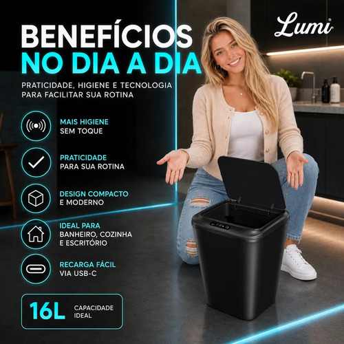Lixeira Smart Inteligente 16 Litros Quadrada Sensor De Movimento Automático No Touch Preta