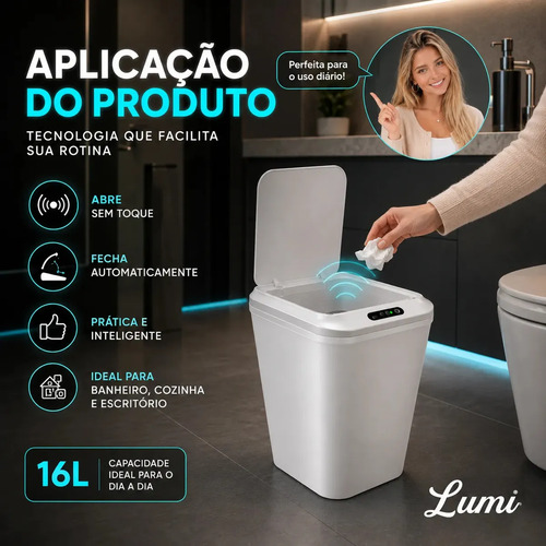 Lixeira Smart Inteligente 16 Litros Quadrada Sensor De Movimento Automático No Touch Branca