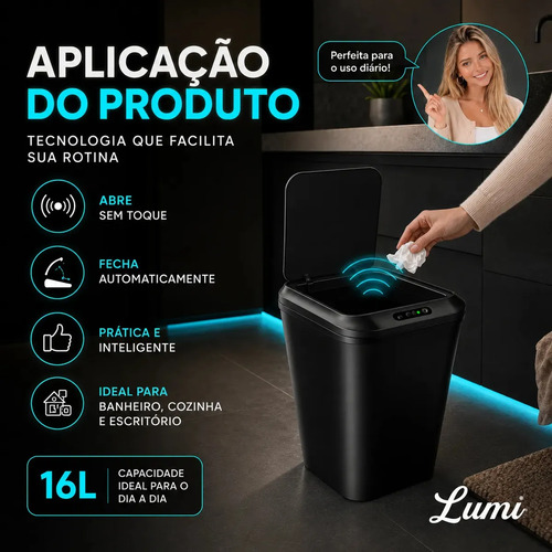 Lixeira Smart Inteligente 16 Litros Quadrada Sensor De Movimento Automático No Touch Preta
