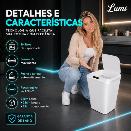 Lixeira Smart Inteligente 16 Litros Quadrada Sensor De Movimento Automático No Touch Branca
