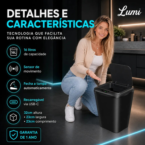 Lixeira Smart Inteligente 16 Litros Quadrada Sensor De Movimento Automático No Touch Preta