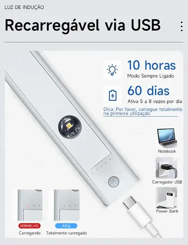 Luminária Barra Led 60cm Sensor Movimento Recarregável Usb