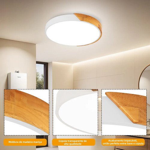 Luminária de Teto Madeira Sobrepor Redondo 24W, Luminária para Quarto 3 Cores de Luz, Plafon Led Design Ultrafino 5cm, Luminária Moderna para Sala Quarto Corredor Escritório, Tieesa