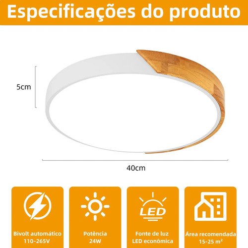 Luminária de Teto Madeira Sobrepor Redondo 24W, Luminária para Quarto 3 Cores de Luz, Plafon Led Design Ultrafino 5cm, Luminária Moderna para Sala Quarto Corredor Escritório, Tieesa