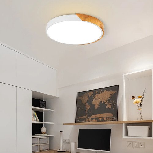 Luminária de Teto Madeira Sobrepor Redondo 24W, Luminária para Quarto 3 Cores de Luz, Plafon Led Design Ultrafino 5cm, Luminária Moderna para Sala Quarto Corredor Escritório, Tieesa