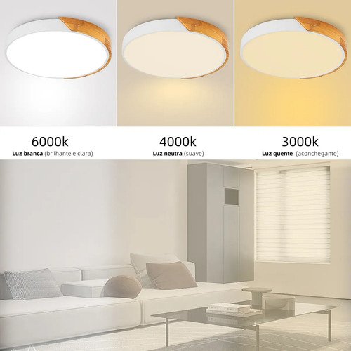 Luminária de Teto Madeira Sobrepor Redondo 24W, Luminária para Quarto 3 Cores de Luz, Plafon Led Design Ultrafino 5cm, Luminária Moderna para Sala Quarto Corredor Escritório, Tieesa