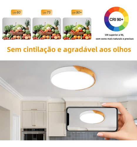 Luminária de Teto Madeira Sobrepor Redondo 24W, Luminária para Quarto 3 Cores de Luz, Plafon Led Design Ultrafino 5cm, Luminária Moderna para Sala Quarto Corredor Escritório, Tieesa