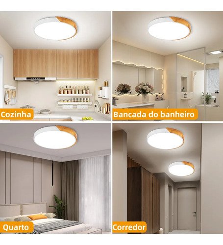 Luminária de Teto Madeira Sobrepor Redondo 24W, Luminária para Quarto 3 Cores de Luz, Plafon Led Design Ultrafino 5cm, Luminária Moderna para Sala Quarto Corredor Escritório, Tieesa