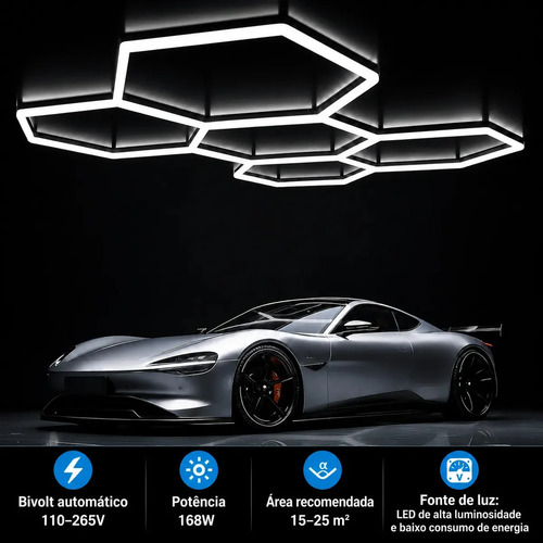 Luminária Hexagonal LED Tieesa 168W, Luz Branca Natural Para Garagem e Oficina