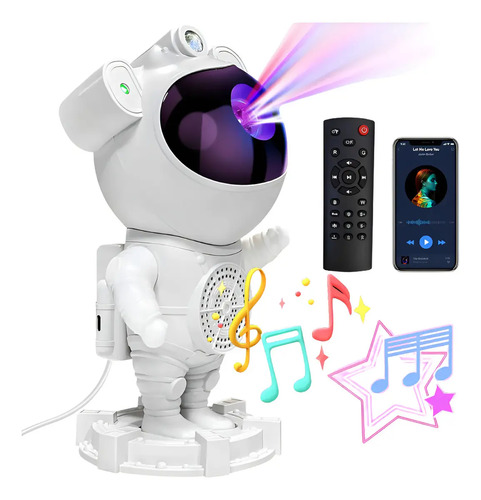 Luminária Projetor Noturno Robô Astronauta Bluetooth Som Branco Preto
