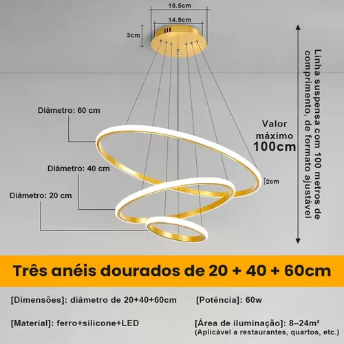 Lustre Led Sala Moderno 60w, 3 Arcos Pendente Luminária Teto