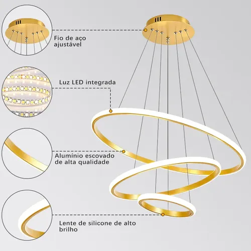 Lustre Led Sala Moderno 60w, 3 Arcos Pendente Luminária Teto