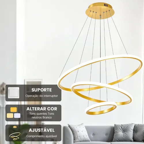 Lustre Led Sala Moderno 60w, 3 Arcos Pendente Luminária Teto