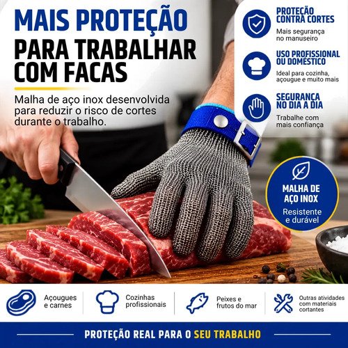 Luva Anticorte Açougueiro Cozinha Proteção Segurança Profissional Epi Resistente Reforçada Fios Aço Inox Anti Corte Gurumania