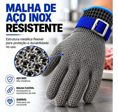 Luva Anticorte Açougueiro Cozinha Proteção Segurança Profissional Epi Resistente Reforçada Fios Aço Inox Anti Corte Gurumania