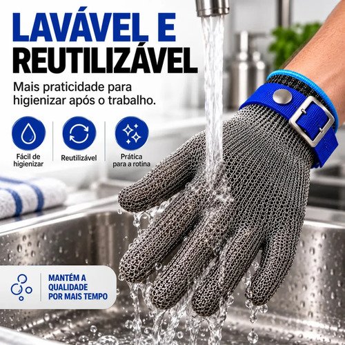 Luva Anticorte Açougueiro Cozinha Proteção Segurança Profissional Epi Resistente Reforçada Fios Aço Inox Anti Corte Gurumania