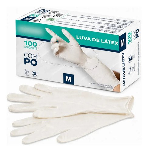 Luva de latex descartavel branca com po tamanho m caixa 100