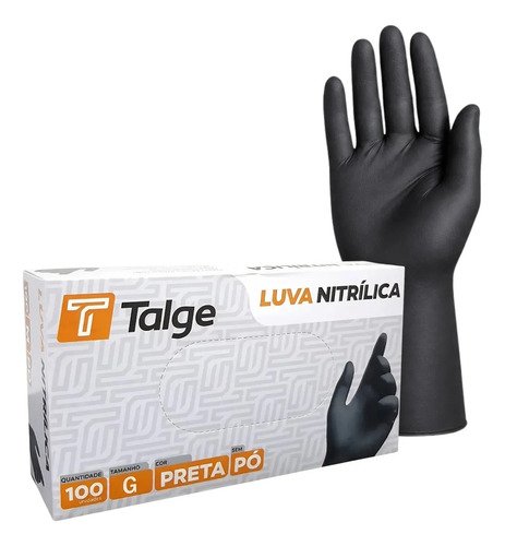 Luvas descartáveis antiderrapantes Talge Luva Nitrílica cor preto tamanho G de nitrila x 100 unidades