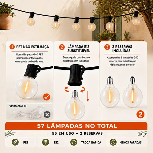 Lynkalat G40 30m Cordão Luz 55 Lâmpadas Led Decorativa