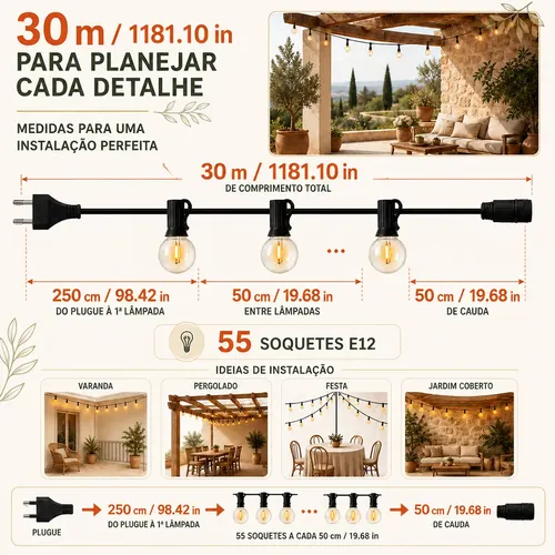 Lynkalat G40 30m Cordão Luz 55 Lâmpadas Led Decorativa