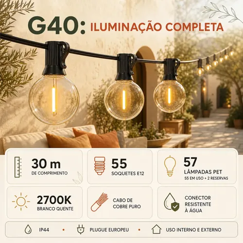 Lynkalat G40 30m Cordão Luz 55 Lâmpadas Led Decorativa