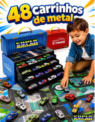 Maleta 48 carrinhos tapete pista 40x60 estacionamento brinqu