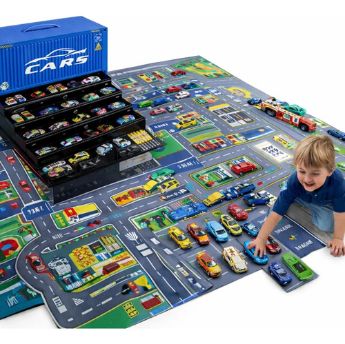 Maleta 48 carrinhos tapete pista brinquedo presente menino a
