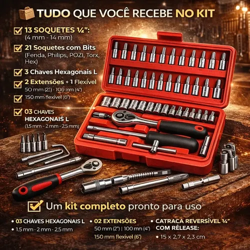 Maleta Jogo 46 Peças 1/4 Bits E Soquetes 414mm Compacto