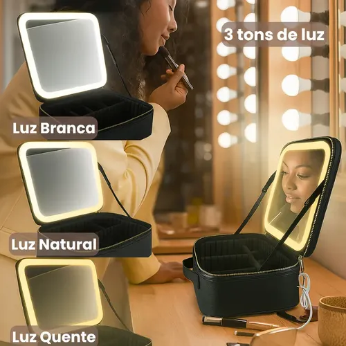 Maleta Maquiagem Com Espelho Led / Divisórias - Para Viagem
