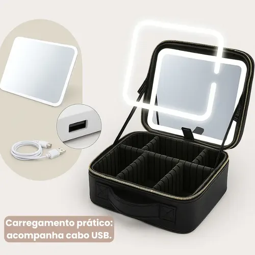 Maleta Maquiagem Com Espelho Led / Divisórias - Para Viagem
