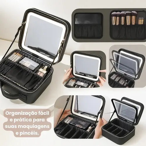 Maleta Maquiagem Com Espelho Led / Divisórias - Para Viagem