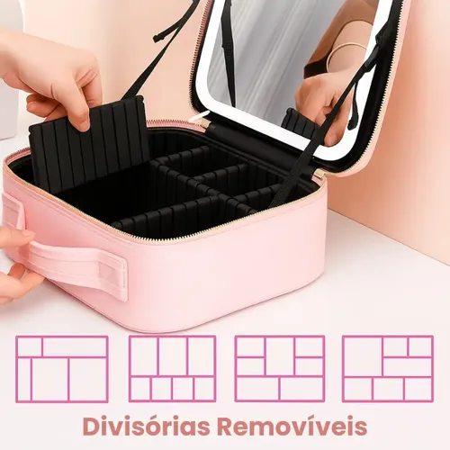 Maleta Maquiagem Com Espelho Led / Divisórias - Para Viagem
