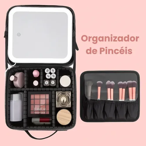 Maleta Maquiagem Com Espelho Led / Divisórias - Para Viagem
