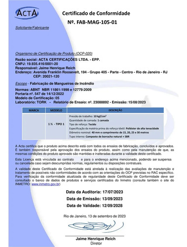 Mangueira De Incêndio Tipo 1 15m 11⁄2 normatizada Abnt Nbr 11861 - Predial E Comercial Hidrante