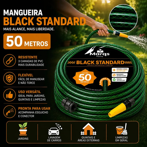 Mangueira De Jardim 50m Metros Com Esguicho Trançada Reforçada Flexível 7/16 Anti Dobra Irrigação Quintal Poço Lavagem Durável Marqs Home