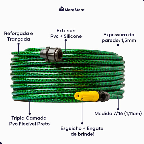 Mangueira De Jardim 50m Metros Com Esguicho Trançada Reforçada Flexível 7/16 Anti Dobra Irrigação Quintal Poço Lavagem Durável Marqs Home