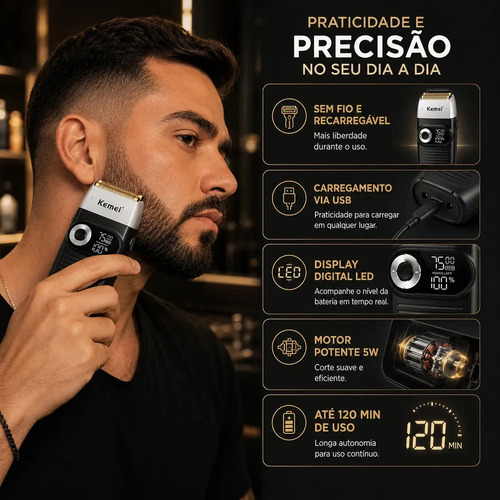 Maquina Barbeador Shaver Profissional Kemei KM 2026 Sem Fio Recarregável USB Acabamento Display LED Elétrico Longa Bateria Aparador Barba Cortar Cabelo fácil manuseio - preto
