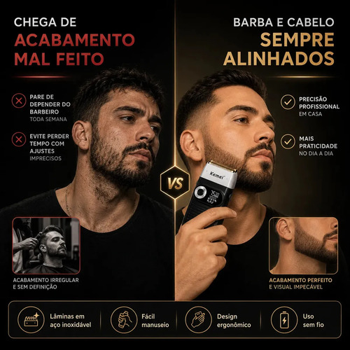 Maquina Barbeador Shaver Profissional Kemei KM 2026 Sem Fio Recarregável USB Acabamento Display LED Elétrico Longa Bateria Aparador Barba Cortar Cabelo fácil manuseio - preto