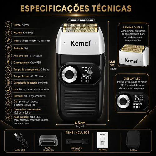 Maquina Barbeador Shaver Profissional Kemei KM 2026 Sem Fio Recarregável USB Acabamento Display LED Elétrico Longa Bateria Aparador Barba Cortar Cabelo fácil manuseio - preto