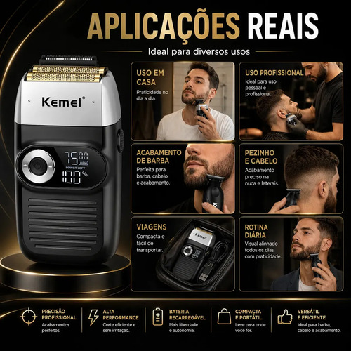 Maquina Barbeador Shaver Profissional Kemei KM 2026 Sem Fio Recarregável USB Acabamento Display LED Elétrico Longa Bateria Aparador Barba Cortar Cabelo fácil manuseio - preto