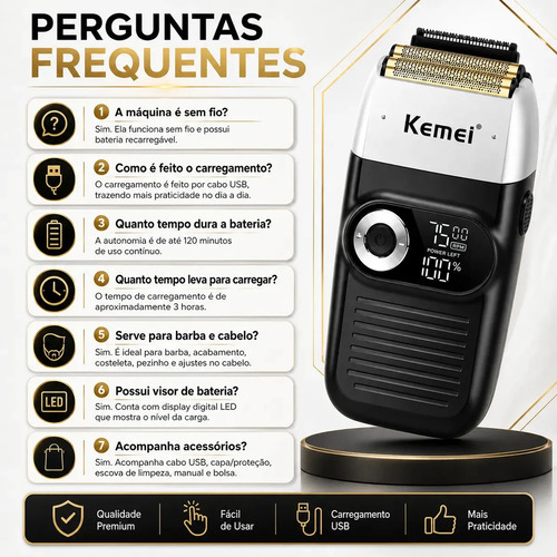 Maquina Barbeador Shaver Profissional Kemei KM 2026 Sem Fio Recarregável USB Acabamento Display LED Elétrico Longa Bateria Aparador Barba Cortar Cabelo fácil manuseio - preto
