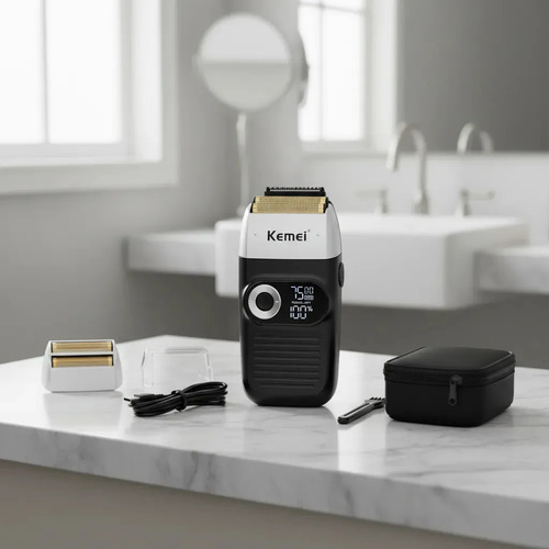 Maquina Barbeador Shaver Profissional Kemei KM 2026 Sem Fio Recarregável USB Acabamento Display LED Elétrico Longa Bateria Aparador Barba Cortar Cabelo fácil manuseio - preto