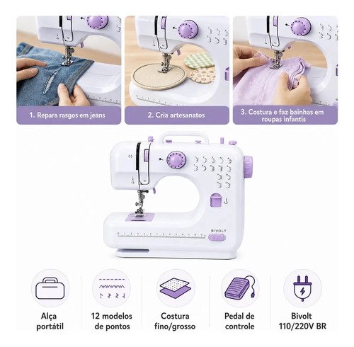 Máquina Costura Elétrica Bivolt Portátil Compacta 12 Pontos Cor Branco