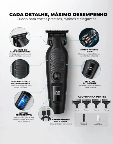 Máquina De Corte Acabamento Com Visor Led Profissional + Brinde Cabelo Pelo Barbear Trimmer Maquininha Detalhes Sem Fio Preto