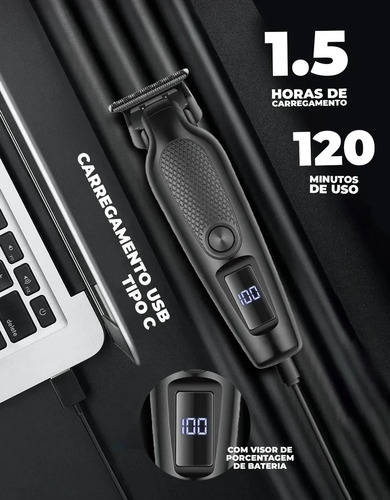 Máquina De Corte Acabamento Com Visor Led Profissional + Brinde Cabelo Pelo Barbear Trimmer Maquininha Detalhes Sem Fio Preto
