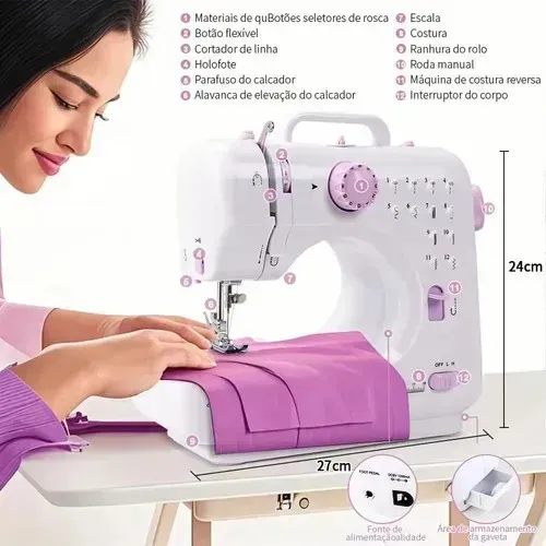 Máquina De Costura Elétrica Multifuncional Portátil 12 Modos