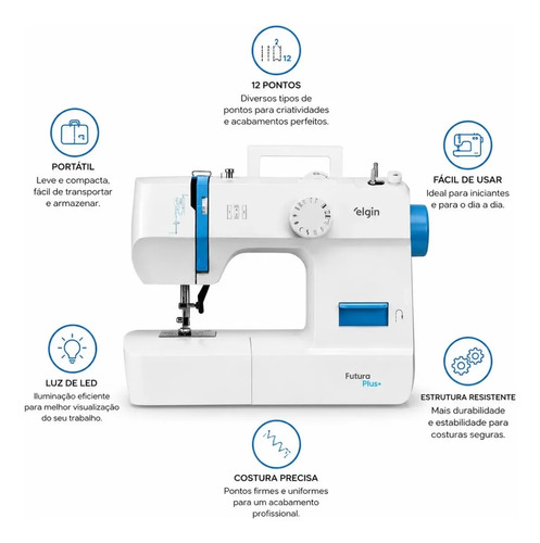 Máquina de Costura Elgin Futura Plus JX-2052 Portátil 12 Pontos Doméstica Acabamento Profissional