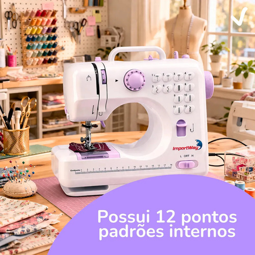 Máquina De Costura Reta ImportWay 12 Pontos Doméstica IWMC-505 Portátil Branco