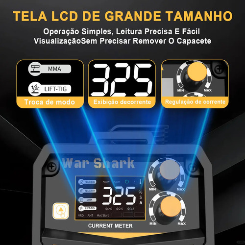 Máquina De Solda Inversora 325a 3 Em 1 Mig Tig Mma Bivolt 110v/220v War Shark Solda Eletrica Amarelo